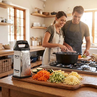 Râpe à légumes manuelle jeune couple souriant cuisine