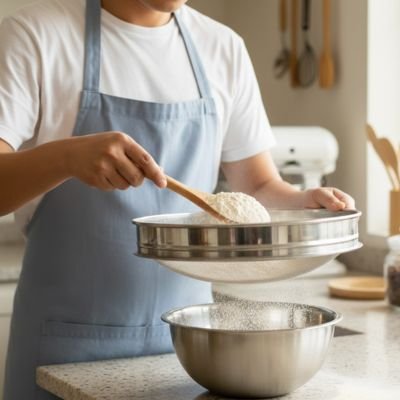 Tamis cuisiner portant tablier bleu tamise farine dans bol