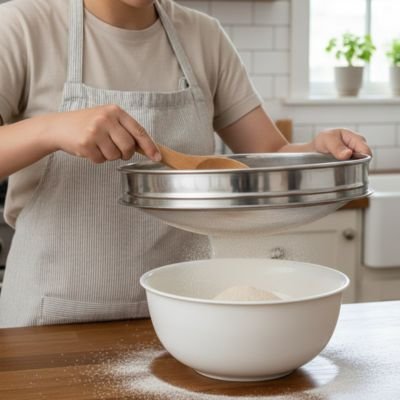 Tamis cuisinier portant tablier gris pâle tamise farine dans bol