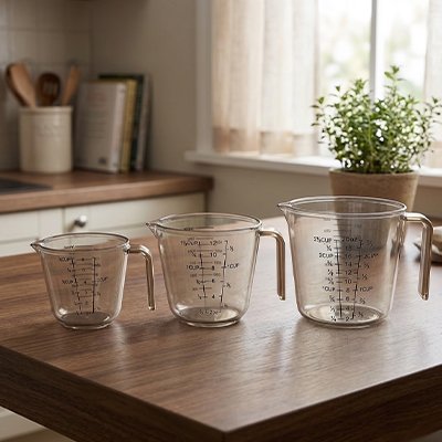 Trois tailles de Verre doseur sur comptoir cusine bois