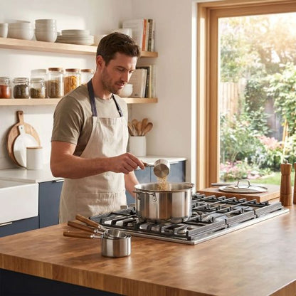 cuisinier verse ingrédients du verre doseur inox dans marmite