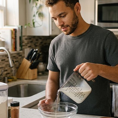 homme verse lait d'un verre doseur dans un bol en verre