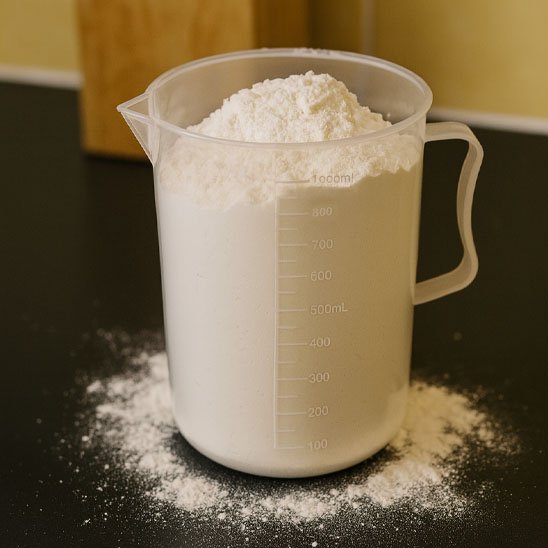 verre mesureur de farine sur comptoir cuisine noir