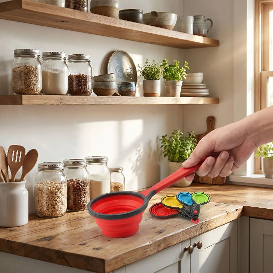 femme tient verre mesureur sur comptoir cuisine en bois