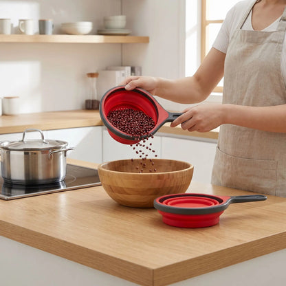 femme verse haricots d'un verre mesureur silicone dans bol en bois